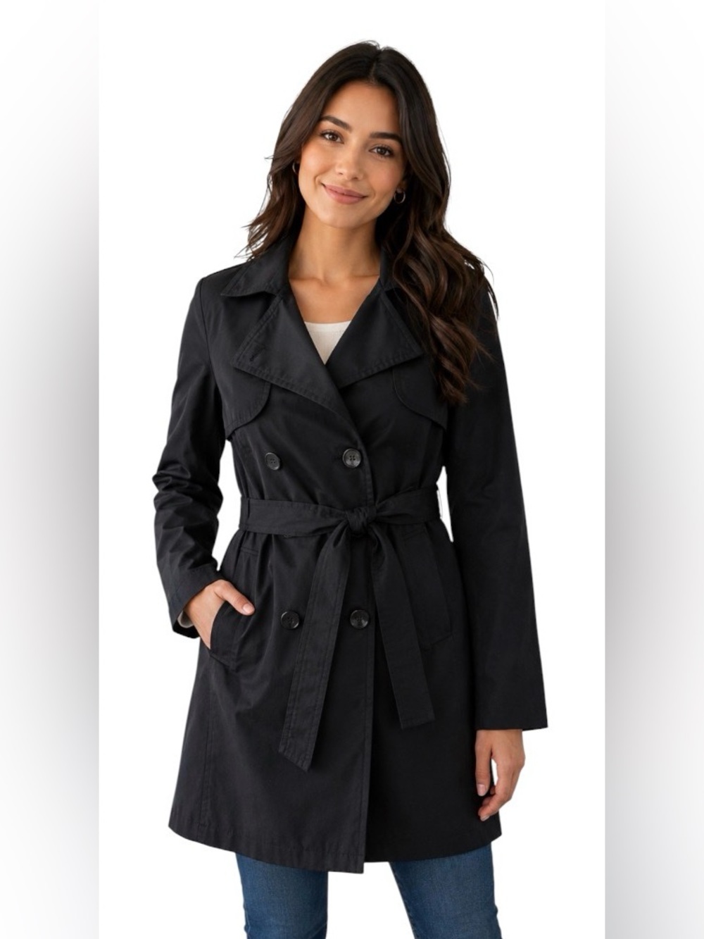 LONDON FOG BLACK DOUBLE BREASTED TRENCH COAT BELTED WOMEN’S SMALL JACKET